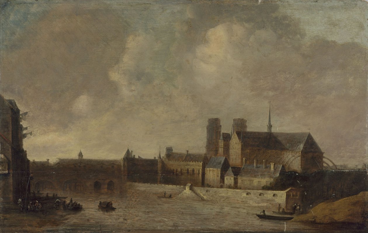 Notre-Dame a Arcibiskupský palác, pohled z nábřeží Quai de la Tournelle, kolem roku 1640, dnešní 4. obvod, mezi lety 1635 a 1645 (olej na dřevě) od Unknown artist