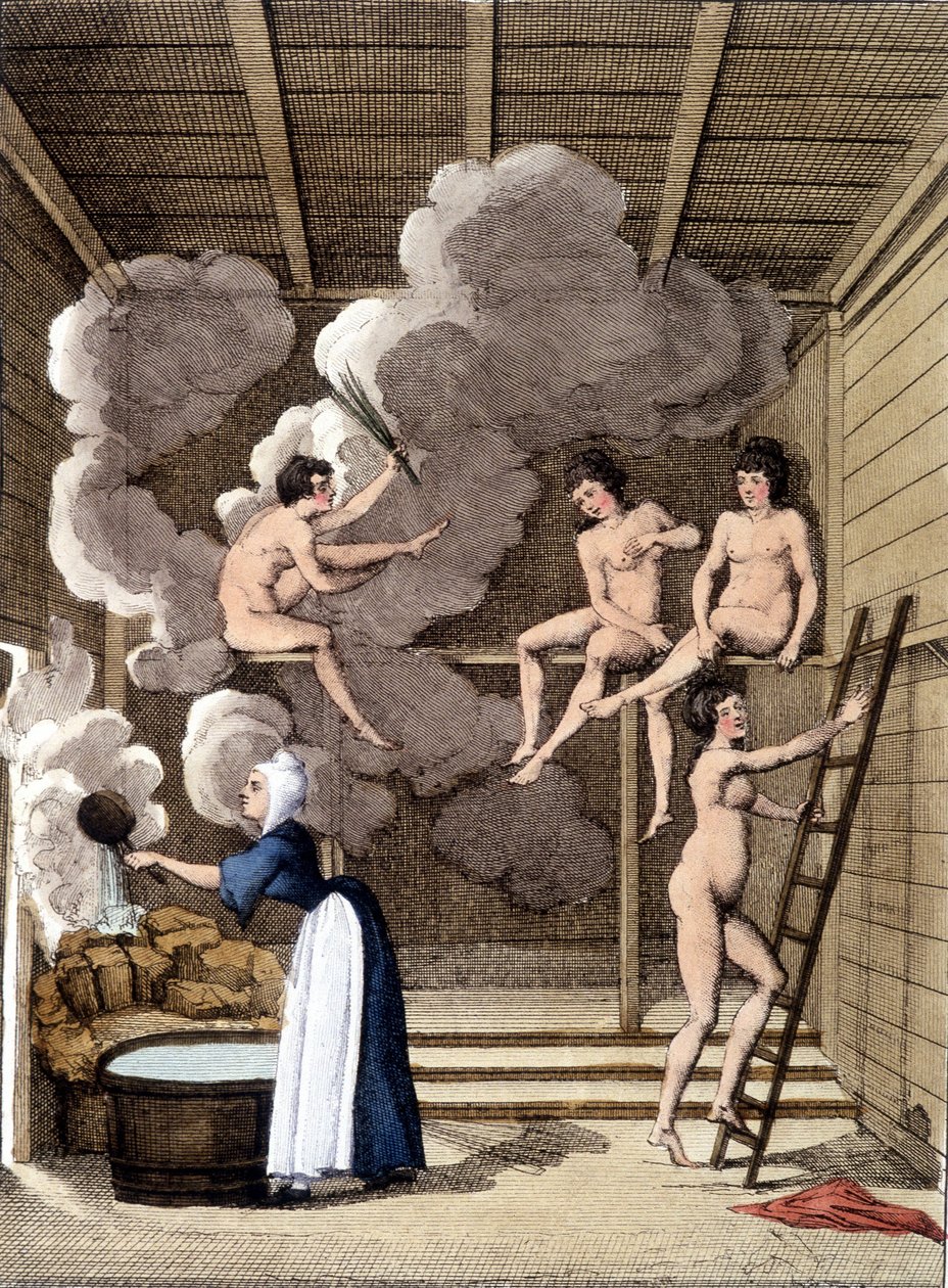 Nahé postavy v sauně Filandan. Rytina z roku 1811 obsahuje knihu o cestě. od Unknown artist