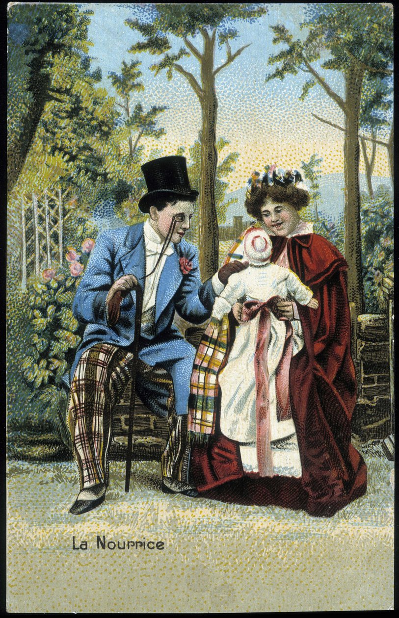 Zdravotní sestra s dítětem konverzující s mužem v parku - chromo., konec 19. století od Unknown artist
