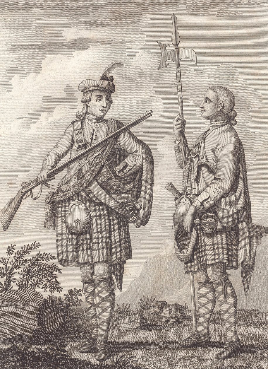 Důstojník (vlevo) a seržant 42. Highlanders – Black Watch – kolem roku 1750 (rytina) od Unknown artist