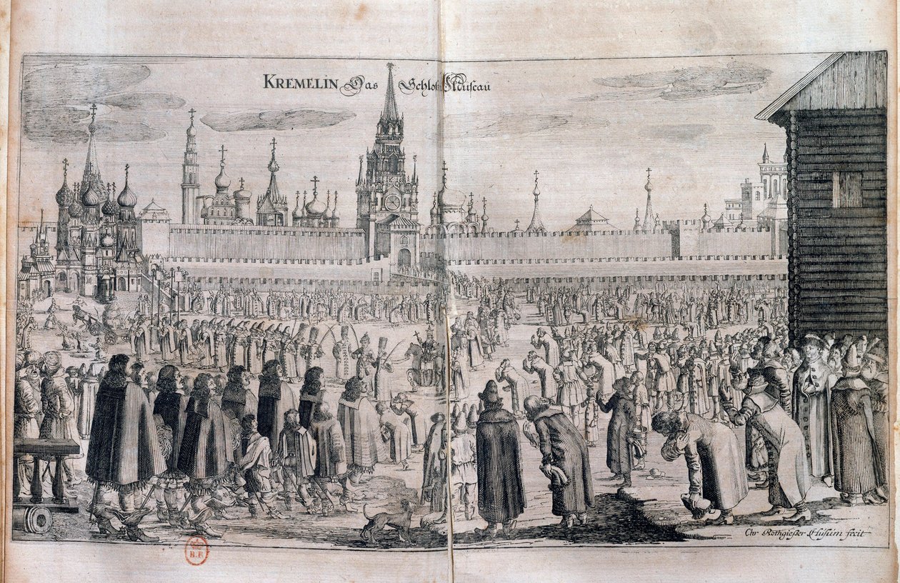 Oficiální ceremoniál s průvodem v moskevském Kremlu. Rytina 17. století. ruská knihovna od Unknown artist