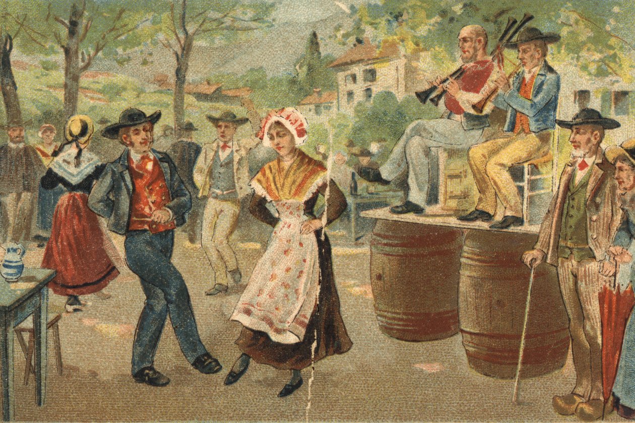 Starý zvyk oslavovaný v regionu Auvergne: bóje během svátku svatého Jana. Chromolitografie konce 19. století. od Unknown artist