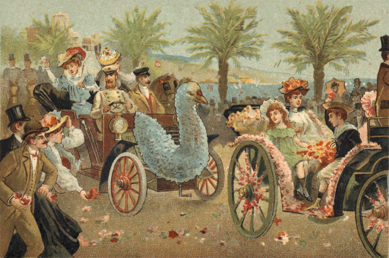 Starý zvyk oslavovaný v hrabství Nice: květinové korzo v Nice. Chromolitografie konce 19. století. od Unknown artist