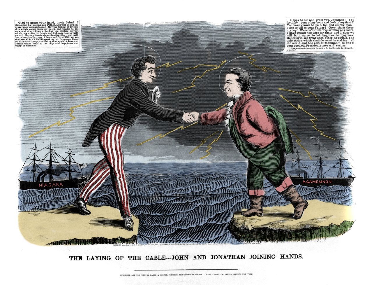 Dne 17.8.1858 došlo k výměně prvního transatlantického poselství: dvě alegorické postavy představující Johna (Anglie) a Jonathana (Spojené státy americké) si vzájemně blahopřály k úspěchu při přetržení podvodního kabelu mezi Evropou a Novým světem. Za th od Unknown artist