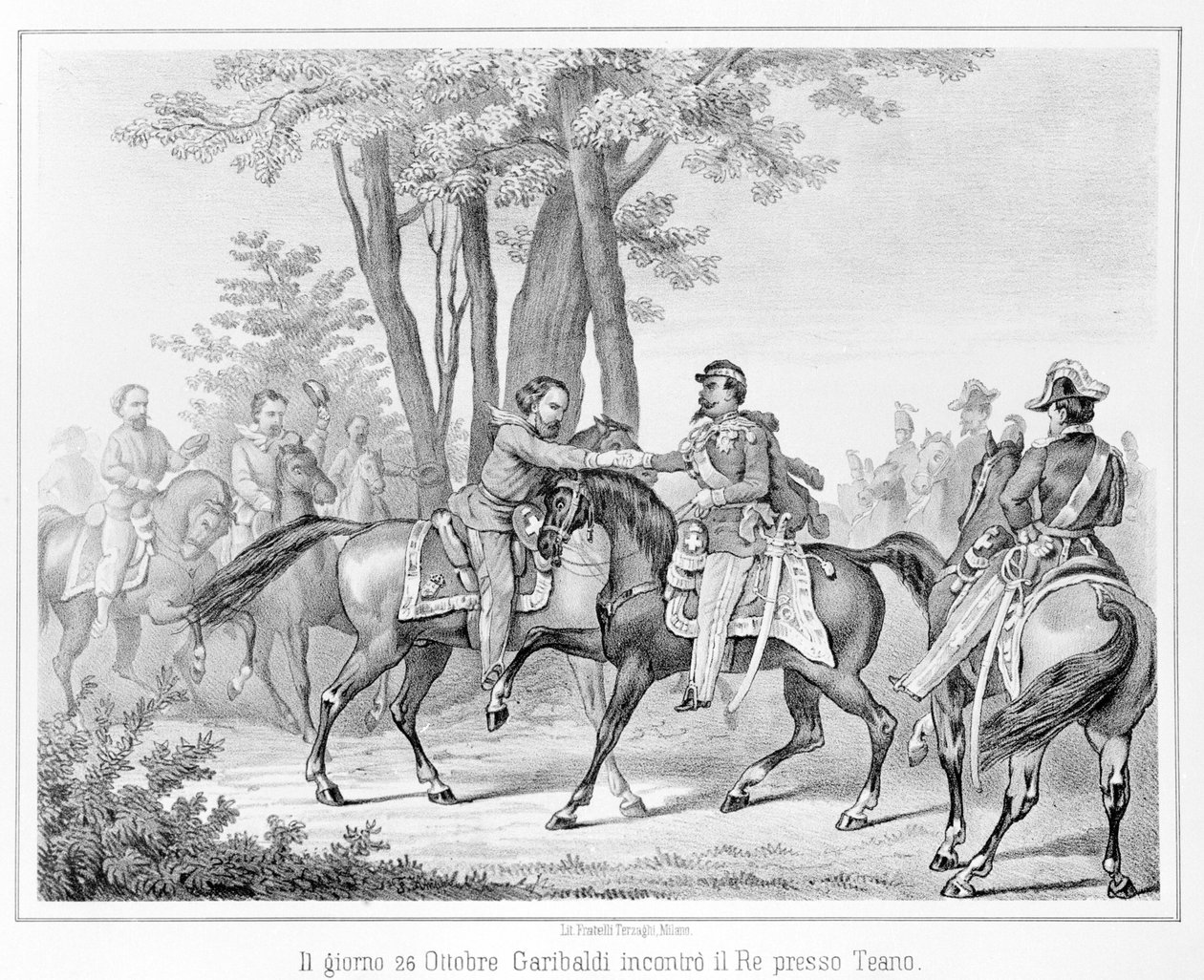 Dne 26. října 1860 se Giuseppe Garibaldi také oženil s králem Viktorem Emmanuelem II (Victor-Emmanuel) (Vittorio Emanuele) poblíž Teano. Rytina 19. století. od Unknown artist