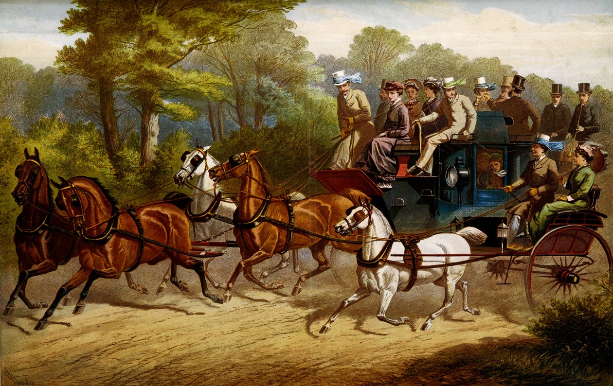 Na cestě k derby. Fiakr a omnibus tažený koňmi jedoucími na derby od Unknown artist