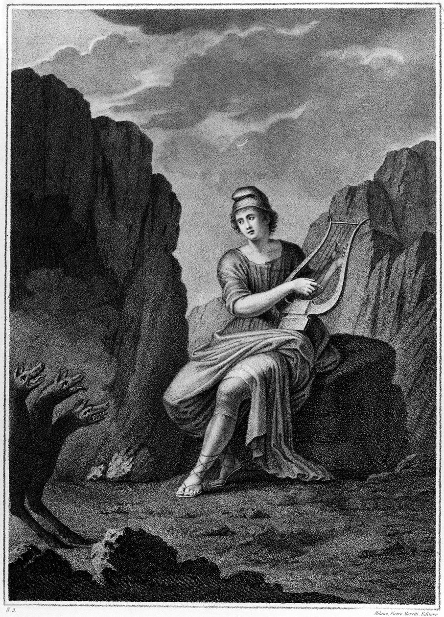 Orfeus u vchodu do podsvětí se setkává s Cerberem. Litografie. 19. století od Unknown artist