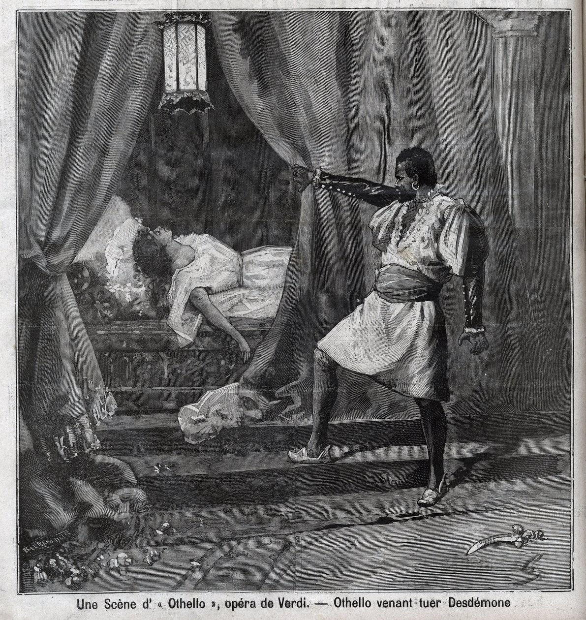 Othello právě zabil Desdemonu ve své posteli. Scéna opery “” Othello”” od Giuseppe Verdiho (1813-1901) Rytina v “”Le Parisien”” od Unknown artist