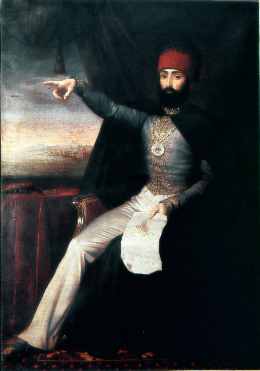 Osmanská říše: Portrét sultána Mahmuda II. (1784-1839)“ „Je to reprezentativní ukázka prstu, která může naznačovat rozkaz povraždit řád janičářů. Anonymní olejomalba. 1808-1839 Istanbul, Muzeum Topkapi Sarayi, Turecko od Unknown artist