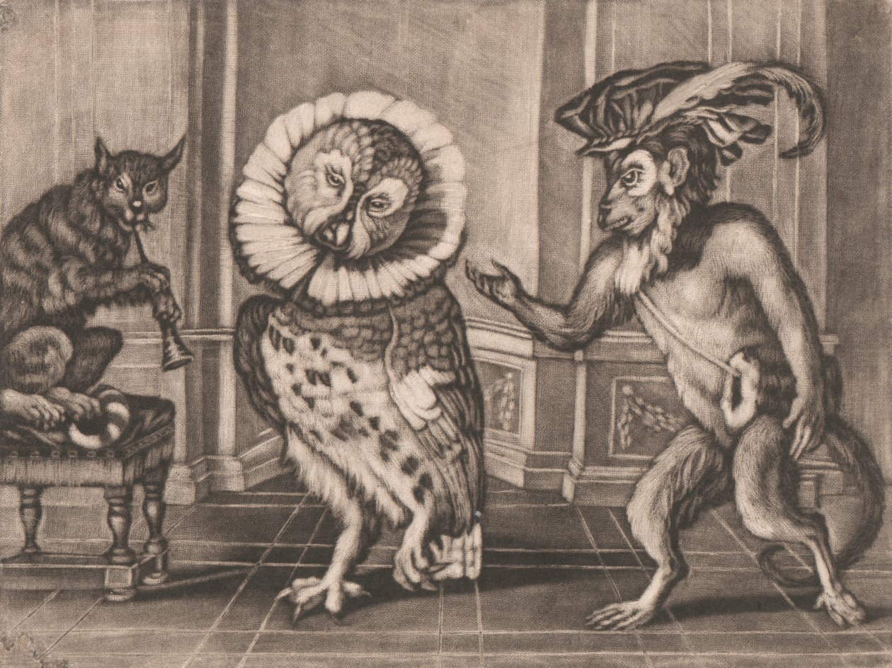 Sova, opice a kočka z Mezzotintoes od Smith, sv. III od Unknown artist