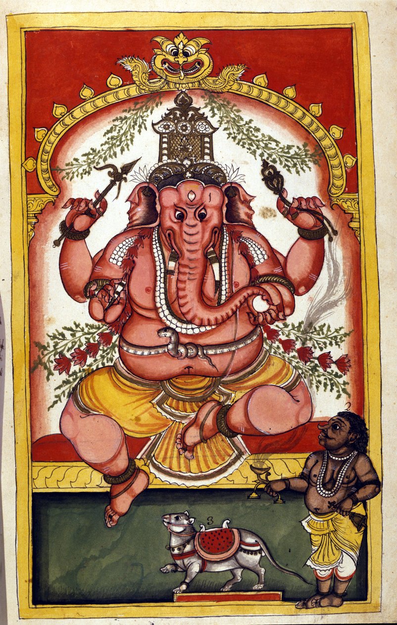 Stránka zobrazující hinduistické božstvo Ganéšu (Ganesh nebo Ganapati), patrona obchodníků, cestovatelů a zlodějů. Stránka převzata z rukopisu (ms.8300) „“Historie Mogolu““ (Moghul nebo Moghol) od Stefana Nivibuse Cardeiry. 18. století. Bibloteca marciana, od Unknown artist