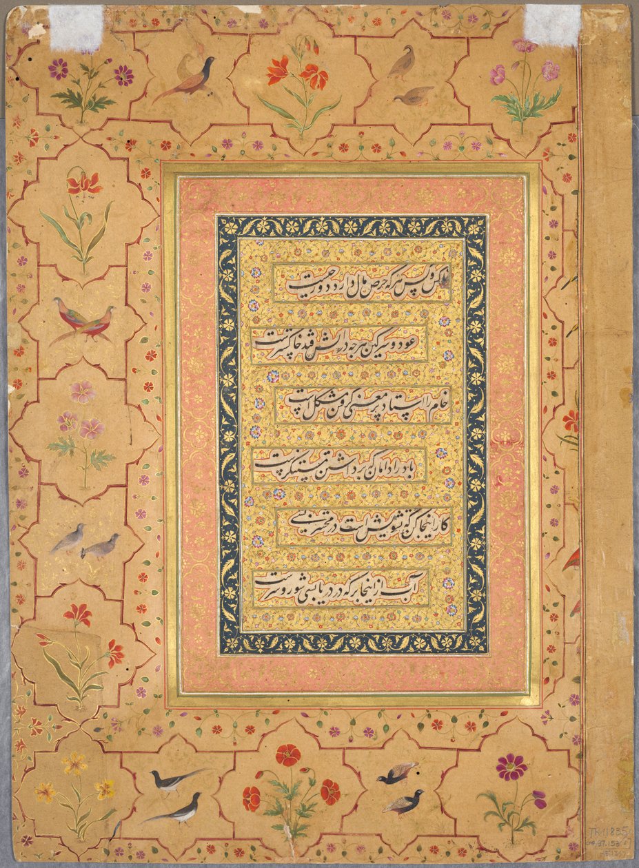 Stránka z alba Late Shah Jahan: Kaligrafie orámovaná ozdobným okrajem s máky a páry ptáků (verze) od Unknown artist