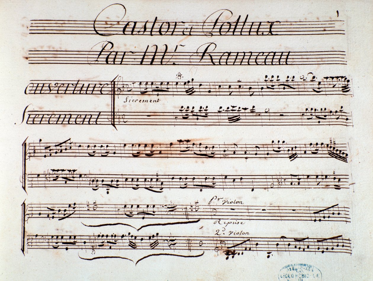 Strana hudební partitury Castor et Pollux, lyrická tragédie od Rameaua (1737) od Unknown artist