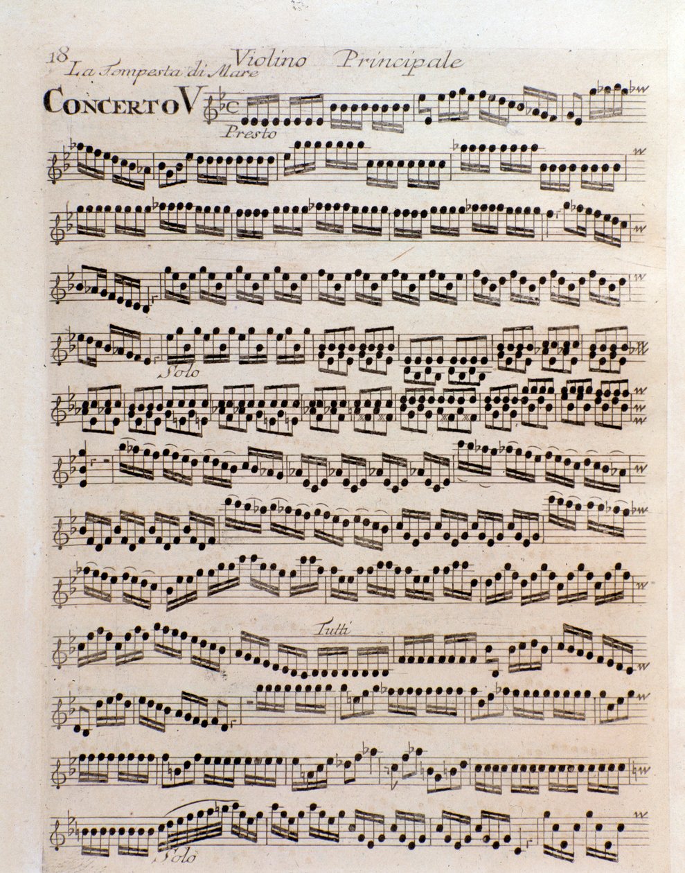 Strana partitury houslí na koncertě V ve Zkouška harmonie a invence Antonia Vivaldiho od Unknown artist