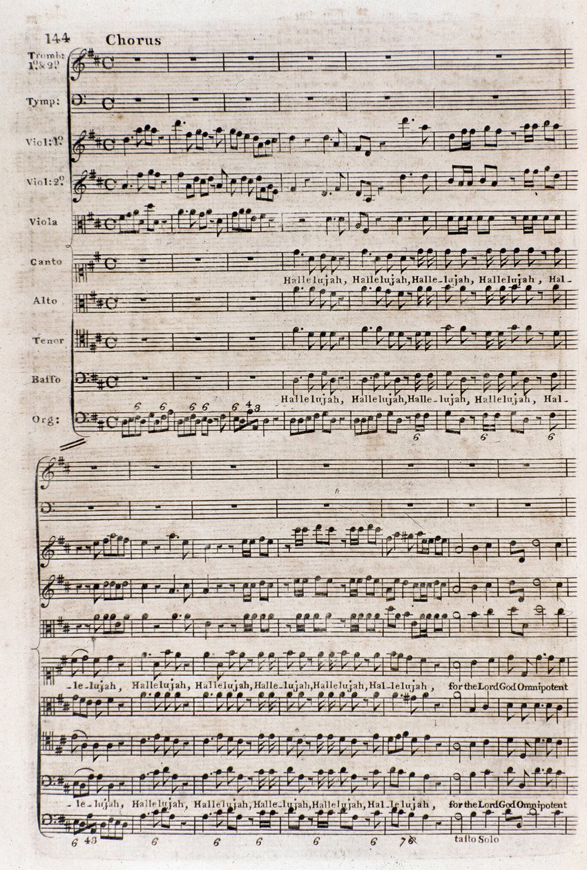 Strana partitur refrénu „“ Hallelujah ““ v „Mesiáš“ (Mesiáš) naturalizovaného anglického německého skladatele George Fredericka Händela (Georg Friedrich Handel od Unknown artist