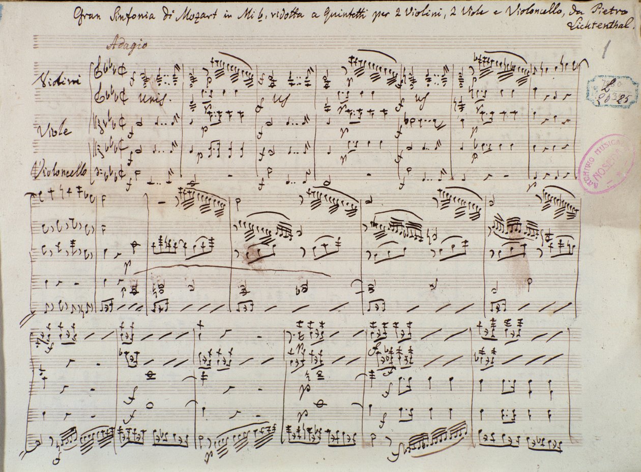 Strana notového záznamu pro Symfonii koncertantní pro housle a violu Es, Mozart, verze Lichtenthal od Unknown artist