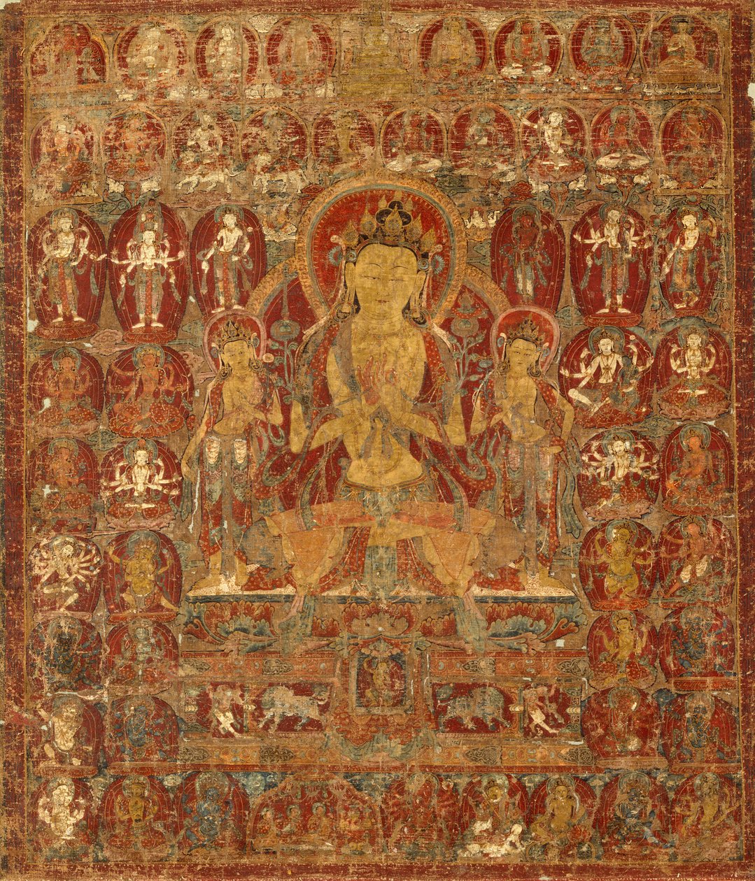 Malovaný prapor (thangka) bódhisattvy Mandžušrího s Vadžrapání (vpravo) a Padmapání (vlevo) od Unknown artist