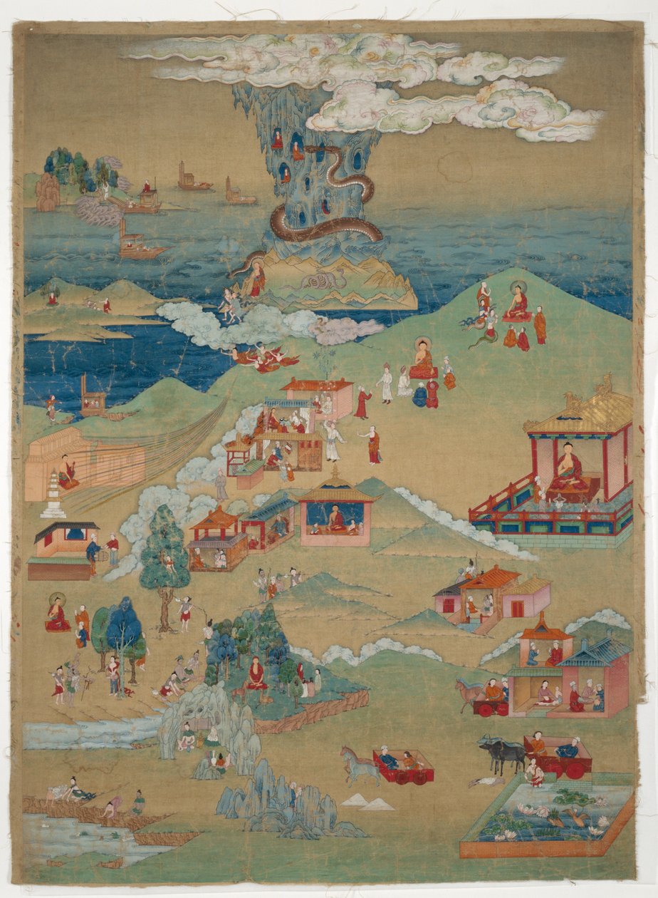 Malovaný prapor (thangka) pěti mravních příběhů z Avadana Kalpalata Jataka od Unknown artist