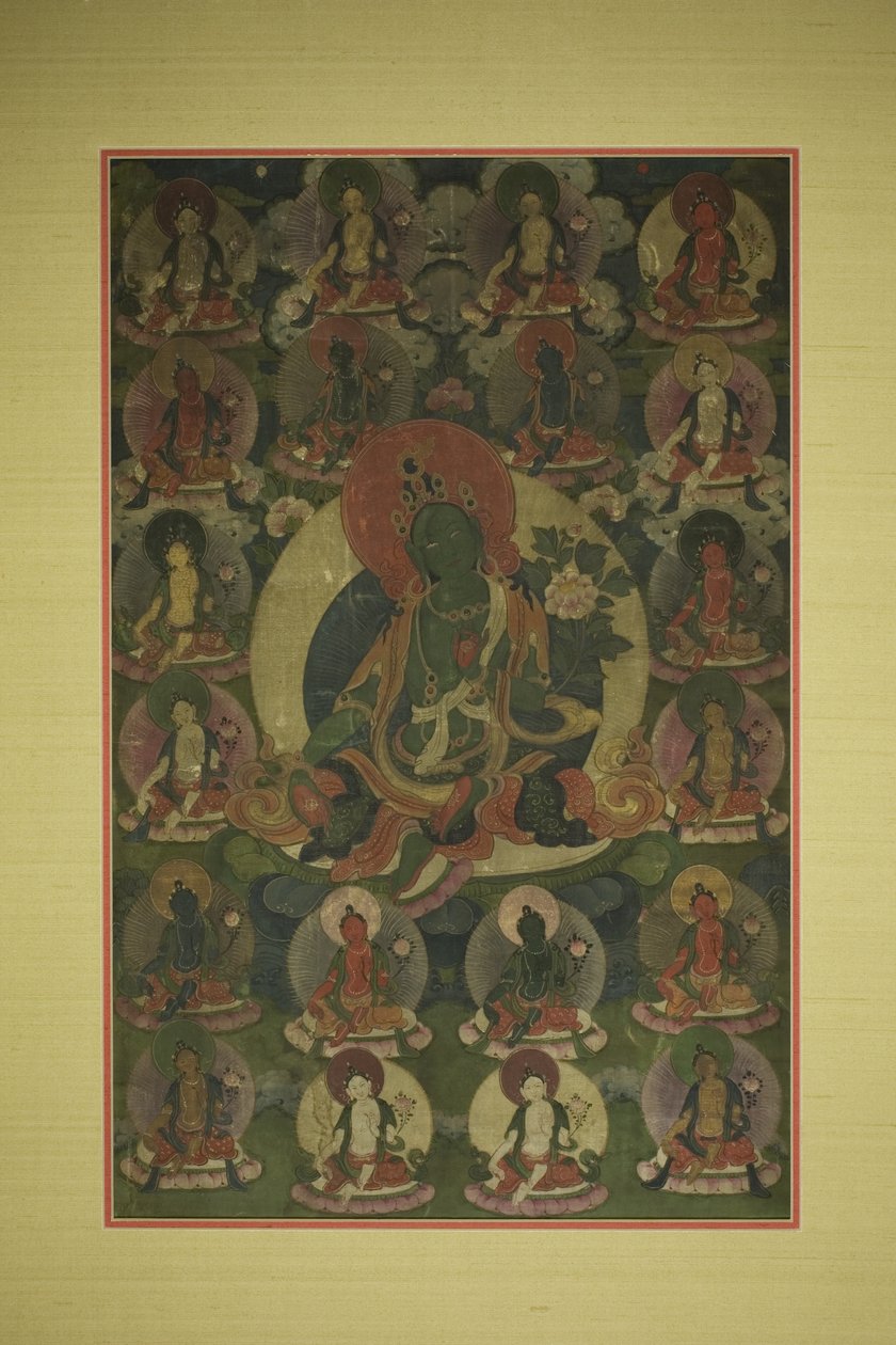 Malovaný prapor (thangka) Zelené Tary obklopené dvaceti projevy od Unknown artist