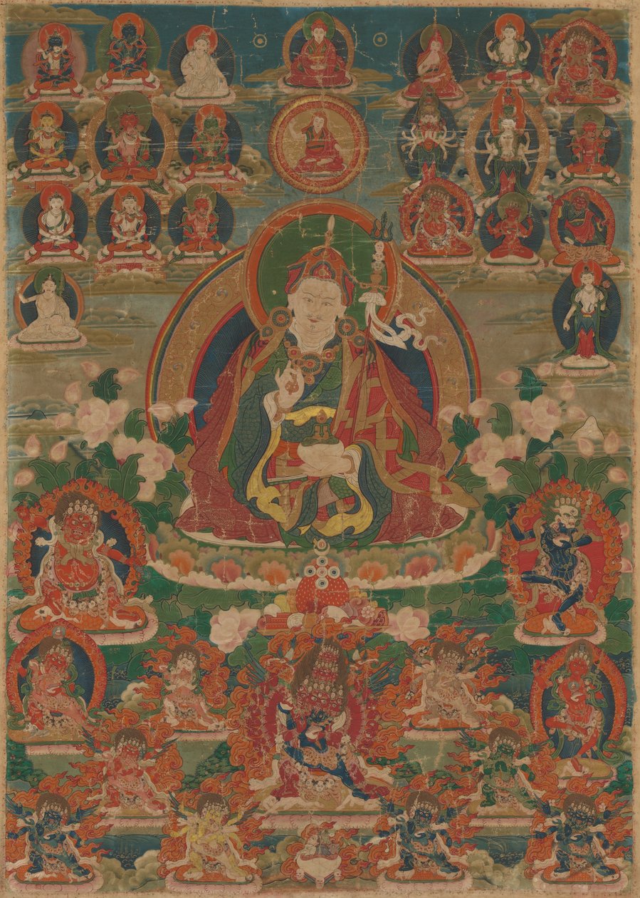 Malovaný prapor (thangka) sedícího mudrce Guru Padmasambhavy držícího blesk (vadžru) a pohár s lebkou (kapalu) od Unknown artist