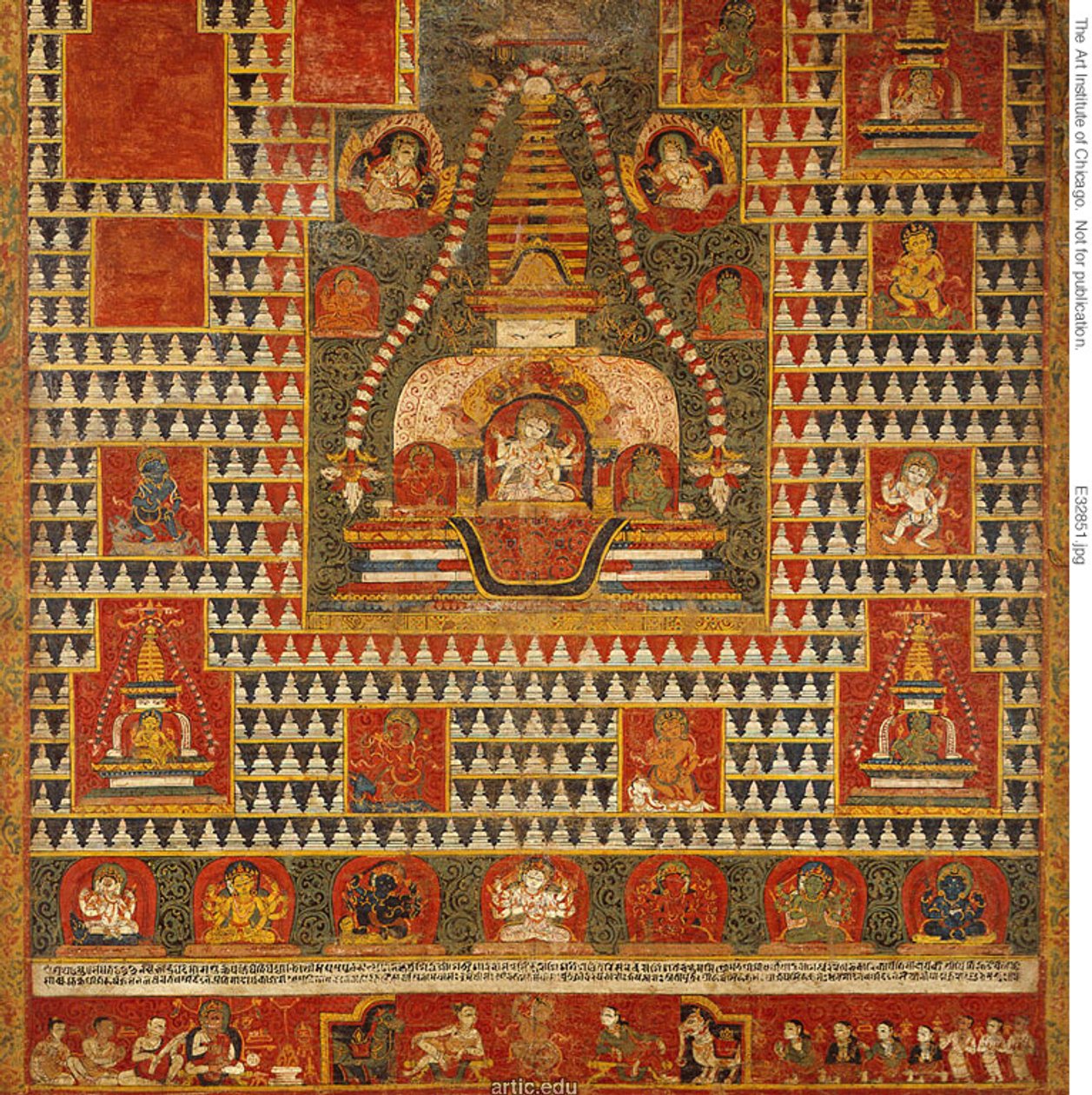 Malovaný prapor (paubha) bohyně Ushnishavijaya v pohřební mohyle (chaitya) a obklopený chaityas od Unknown artist