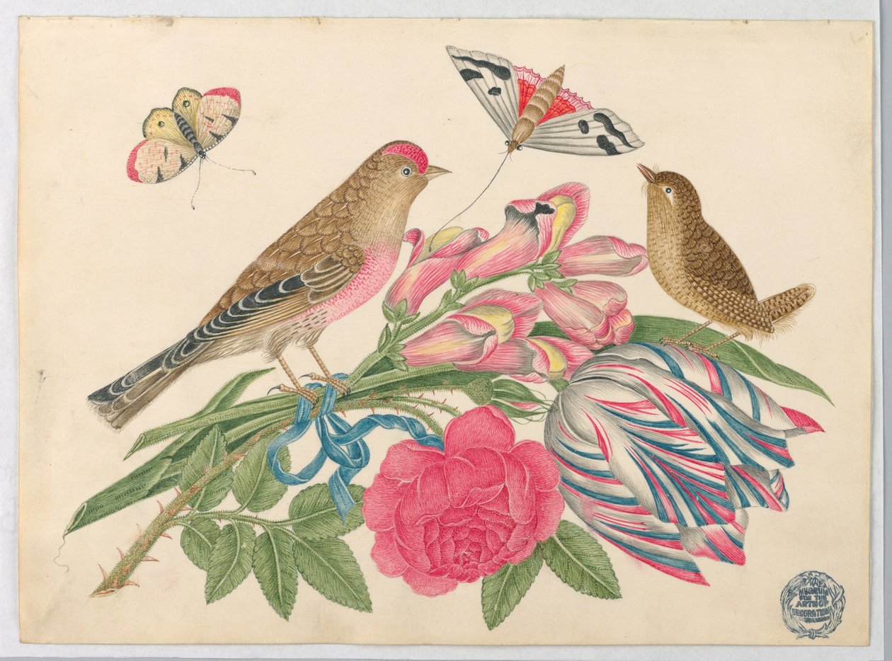 Pár hnědých ptáků na kytici s tulipánem, růží a chňapkovití, s motýly od Unknown artist