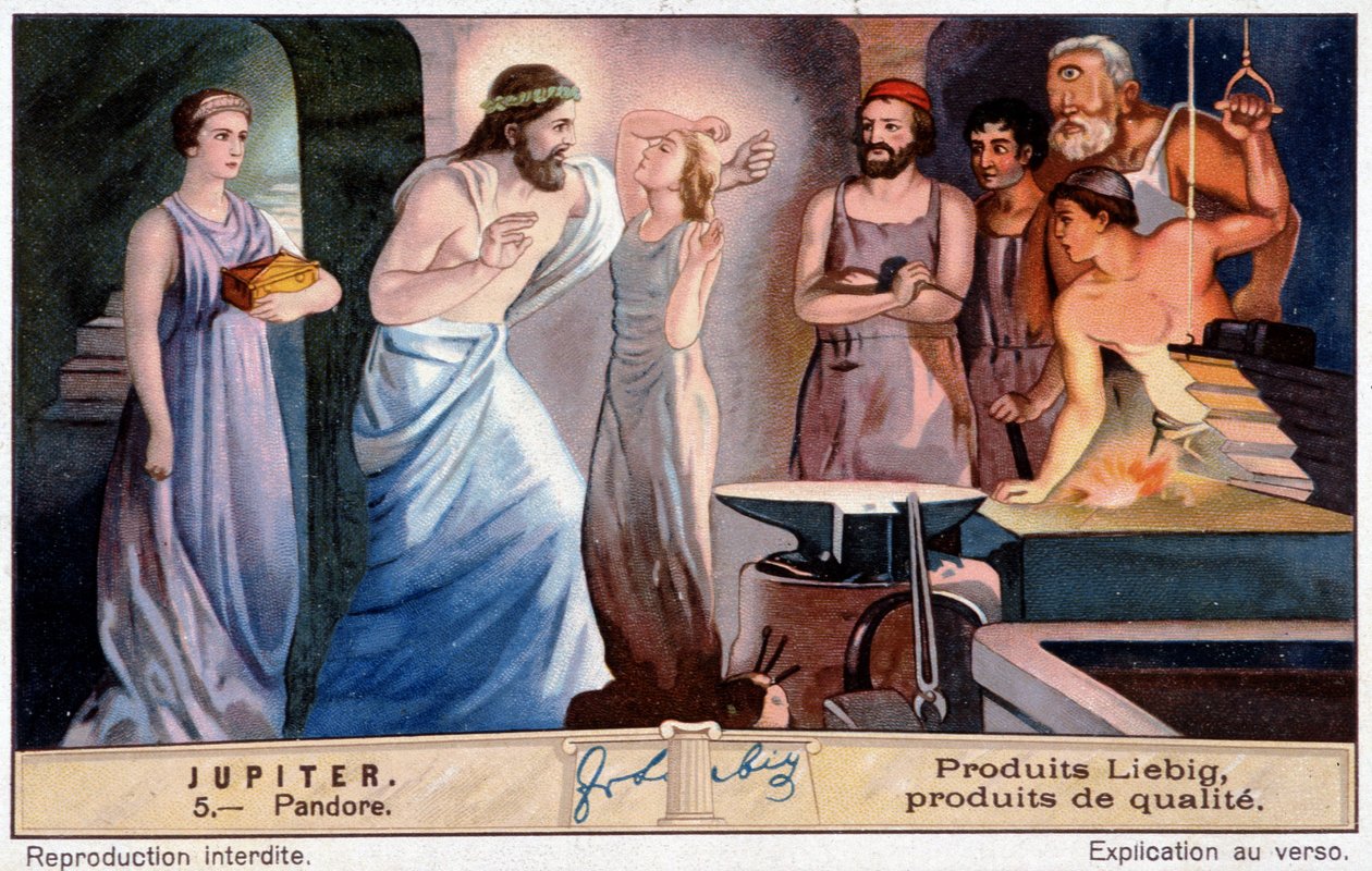 Pandora, první žena, vytvořená na objednávku Jupitera - Liebigova chromolitografie od Unknown artist