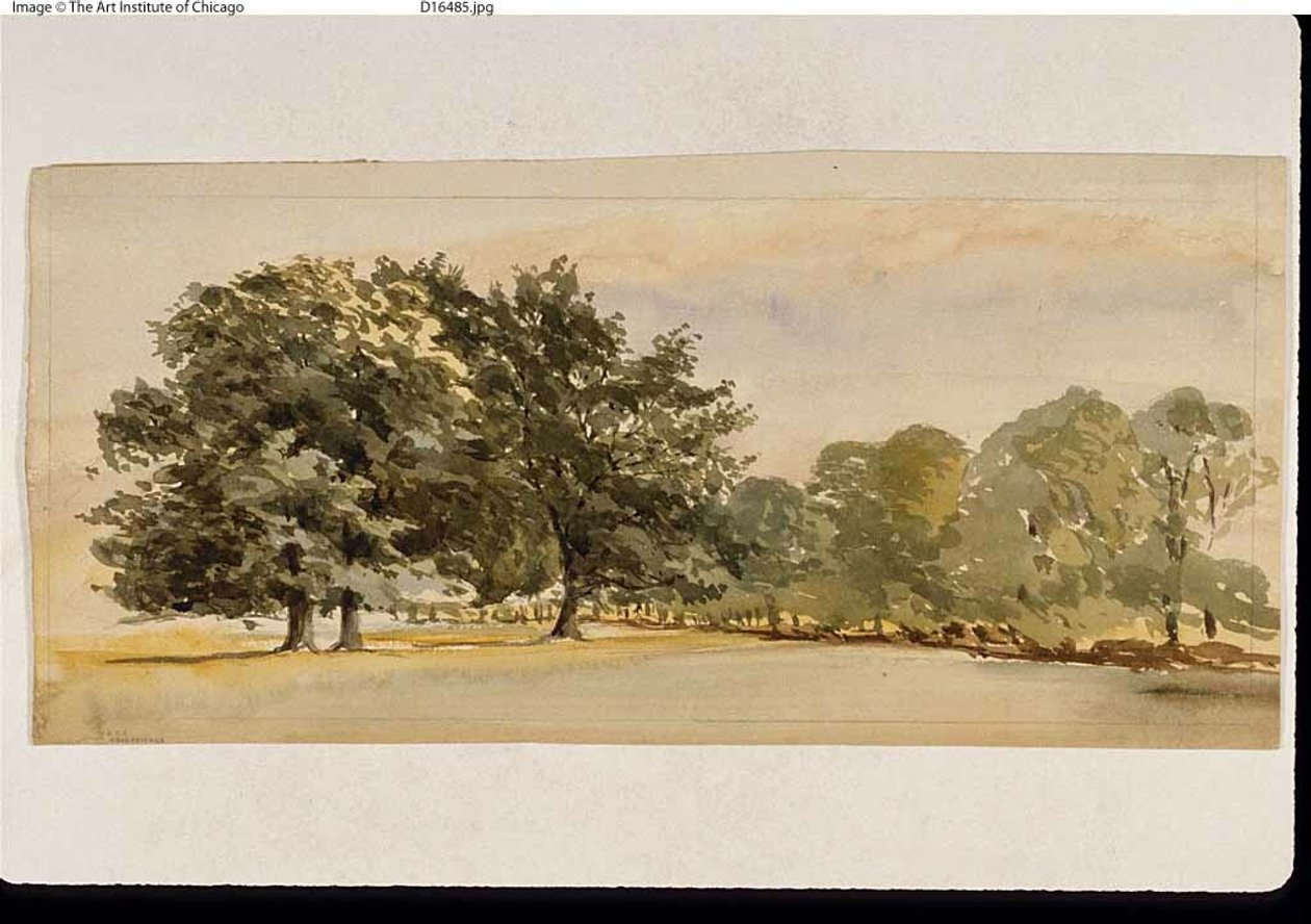 Panorama zalesněného háje (recto); krajina s lesem vpravo (verso) od Unknown artist
