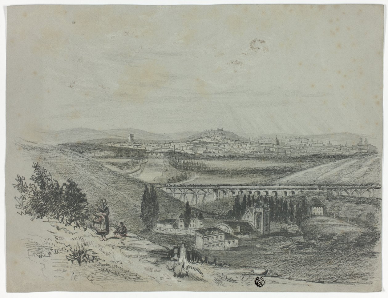 Panoramatický pohled na železniční most a město od Unknown artist
