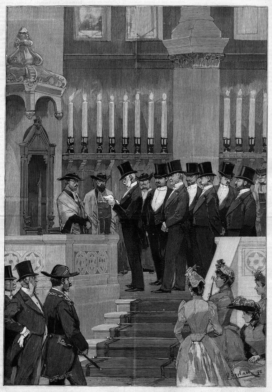 Paříž 1890: Instalace velkého francouzského rabína Zadoca Kahna (Zadoc-Kahna) (1839-1905). Monsieur Alphonse de Rothschild (1827 -1905) čte nominační řád. od Unknown artist