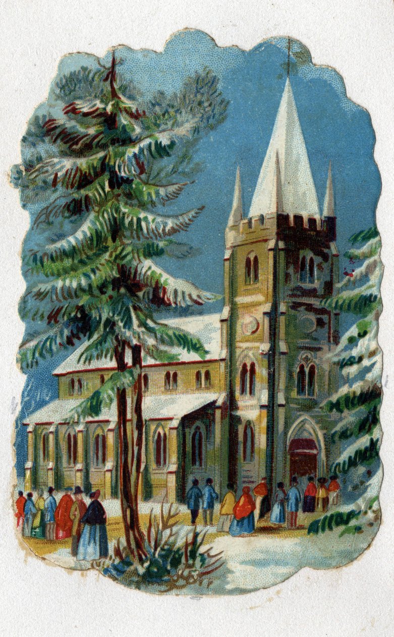 Farníci chodící do kostela na nedělní mši. Chromolitografie kolem roku 1890. od Unknown artist