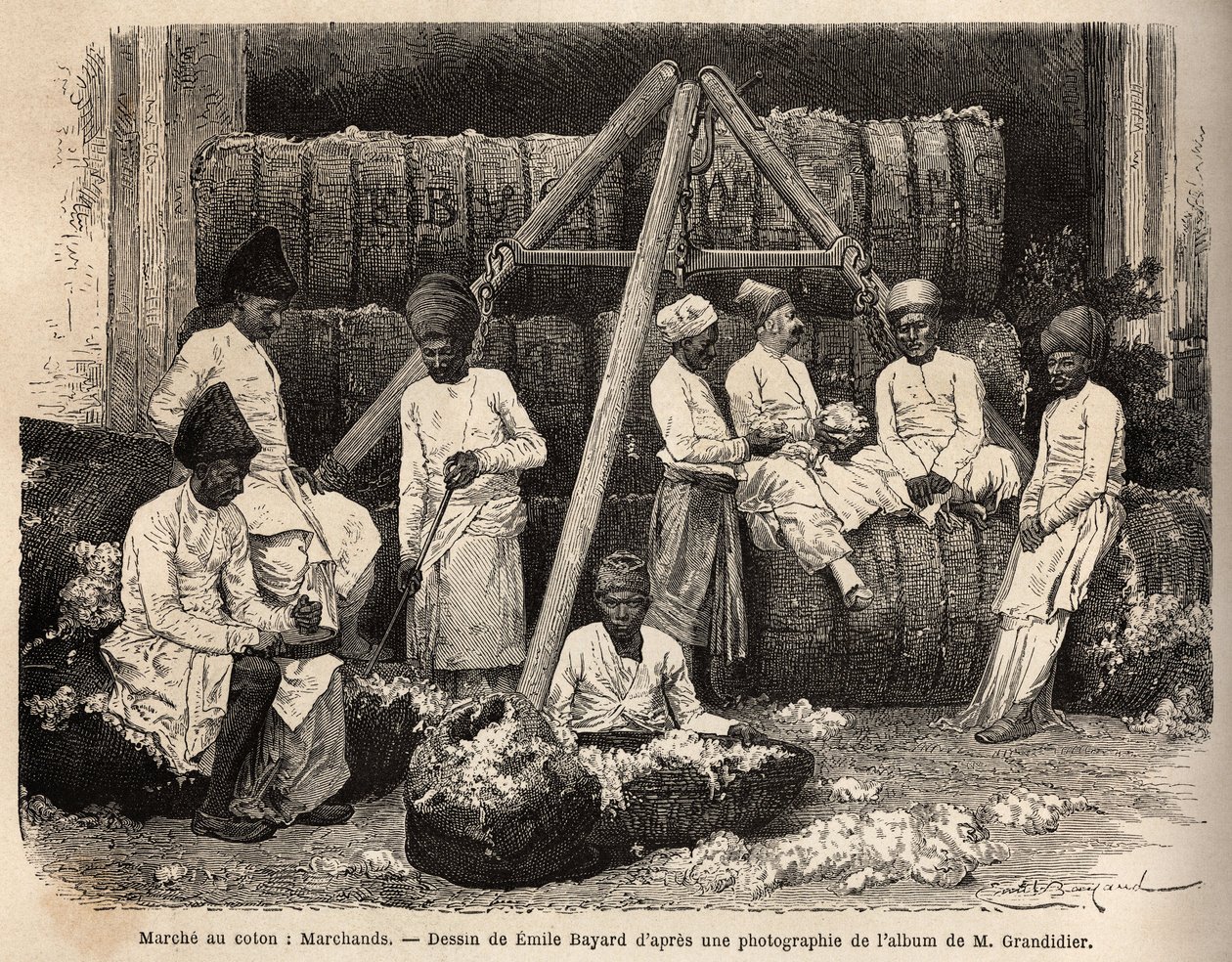 Parsi dealeři a obchodníci na bombajském trhu s bavlnou. Rytina k ilustraci plavby v poledníkových provinciích Indie od Alfreda Grandidiera v letech 1862-1864, publikovaná v „“Le tour du monde“““ 1869, editoval Edouard Charton, vydání Hachette, Par od Unknown artist