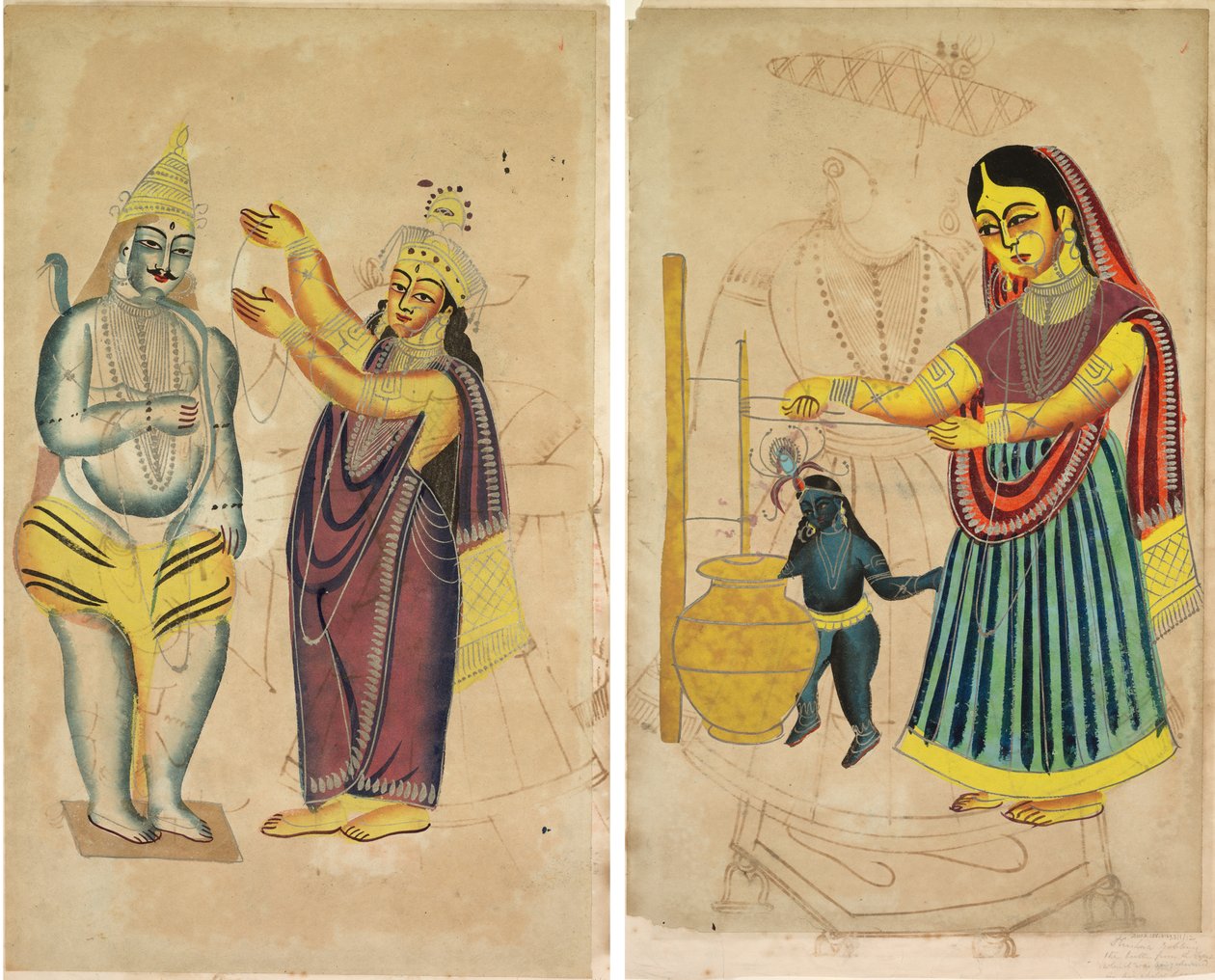 Parvati umístění svatební girlandy na Shiva (recto); Yasoda stloukání másla (verze) od Unknown artist