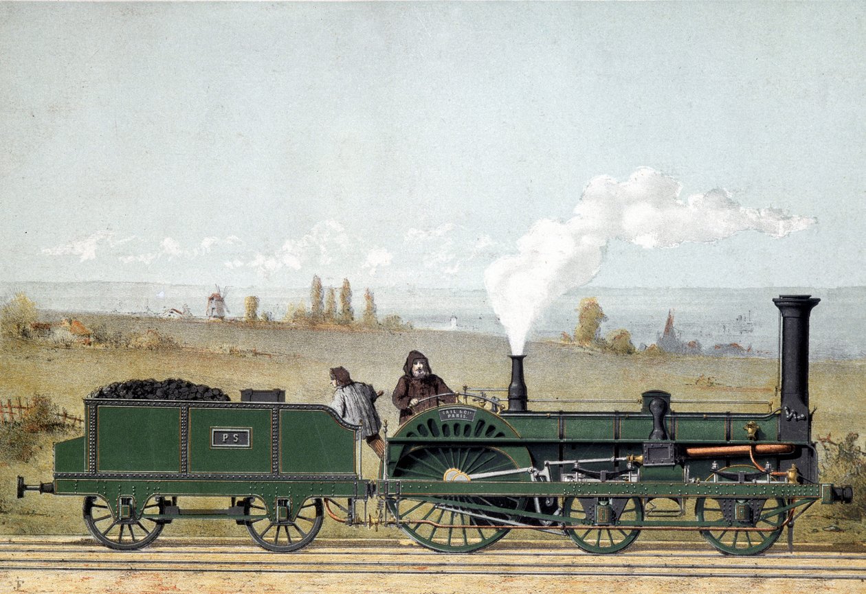 Osobní lokomotiva a uhelný vůz štrasburské železnice (systém Crampton) od Unknown artist
