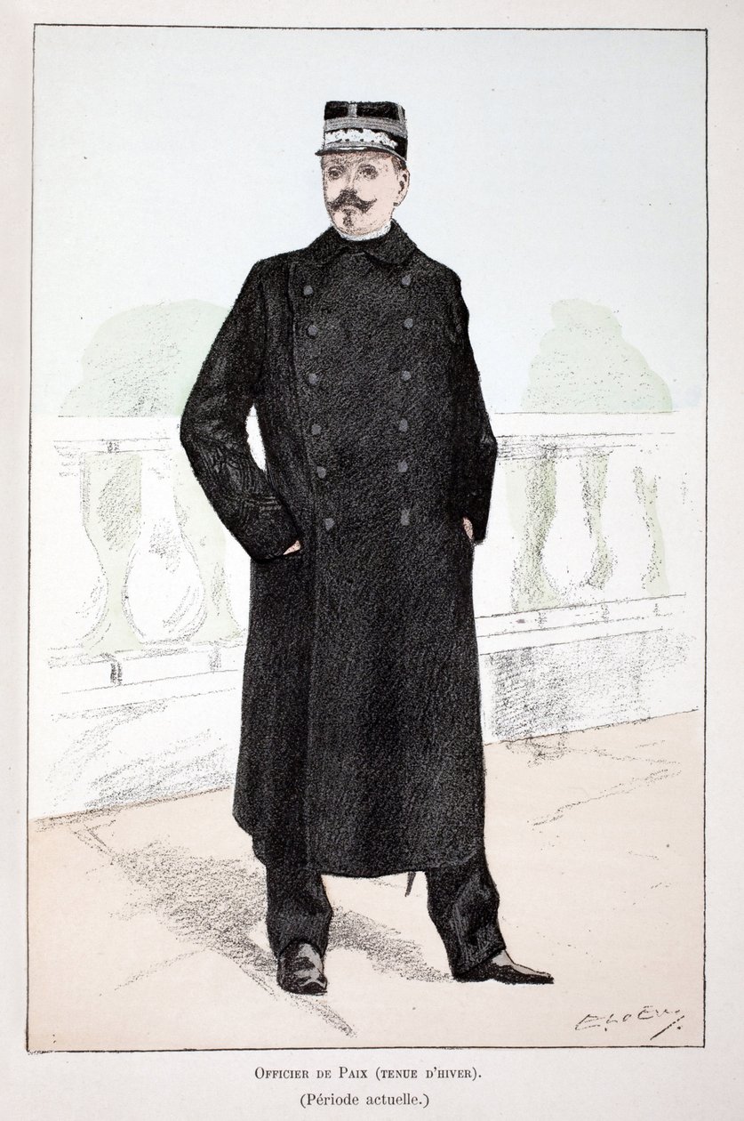 Mírový důstojník, zimní šaty (Lepinské období). Eau forte en couleurs, pour ilustraci “” Histoire du corps des gardiens de la paix””” kniha vydaná pod záštitou Louis Lepine (1846-1933) prefet de police de la Seine, Alfred Rey (1864-?) a Lou od Unknown artist
