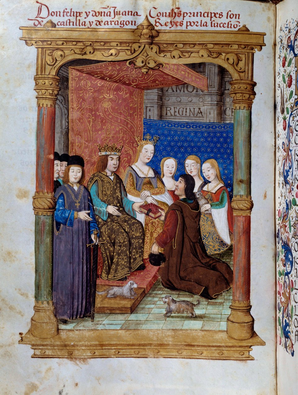 Pedro Marcuello představuje svou knihu králi Filipu I. Hasburgskému známému jako Krásná (1478-1506) a královně Joaně Iere the Folle z Kastilie (1504-1555). Miniatura ve filmu „Zbožnění královny Da Juany, které říkali šílená“ od Pedra Marcuella od Unknown artist
