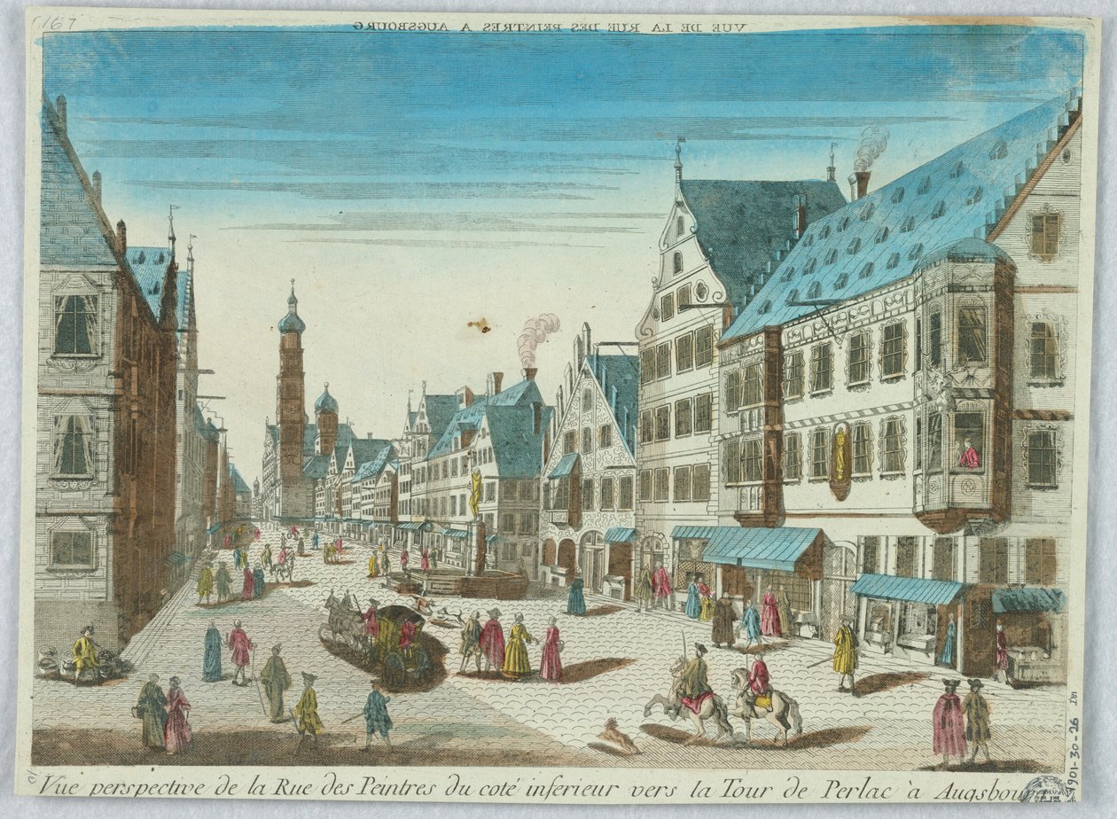 Peep-show, Perspektivní pohled na Malířskou ulici od Dolního pobřeží směrem k Perlac Tower v Augsburgu od Unknown artist