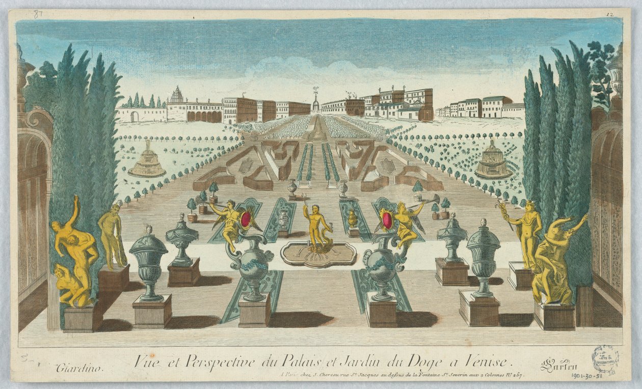 Peep-show, Pohled a perspektiva Dóžecího paláce a zahrady v Benátkách, Giardino, Gartea, 12 od Unknown artist