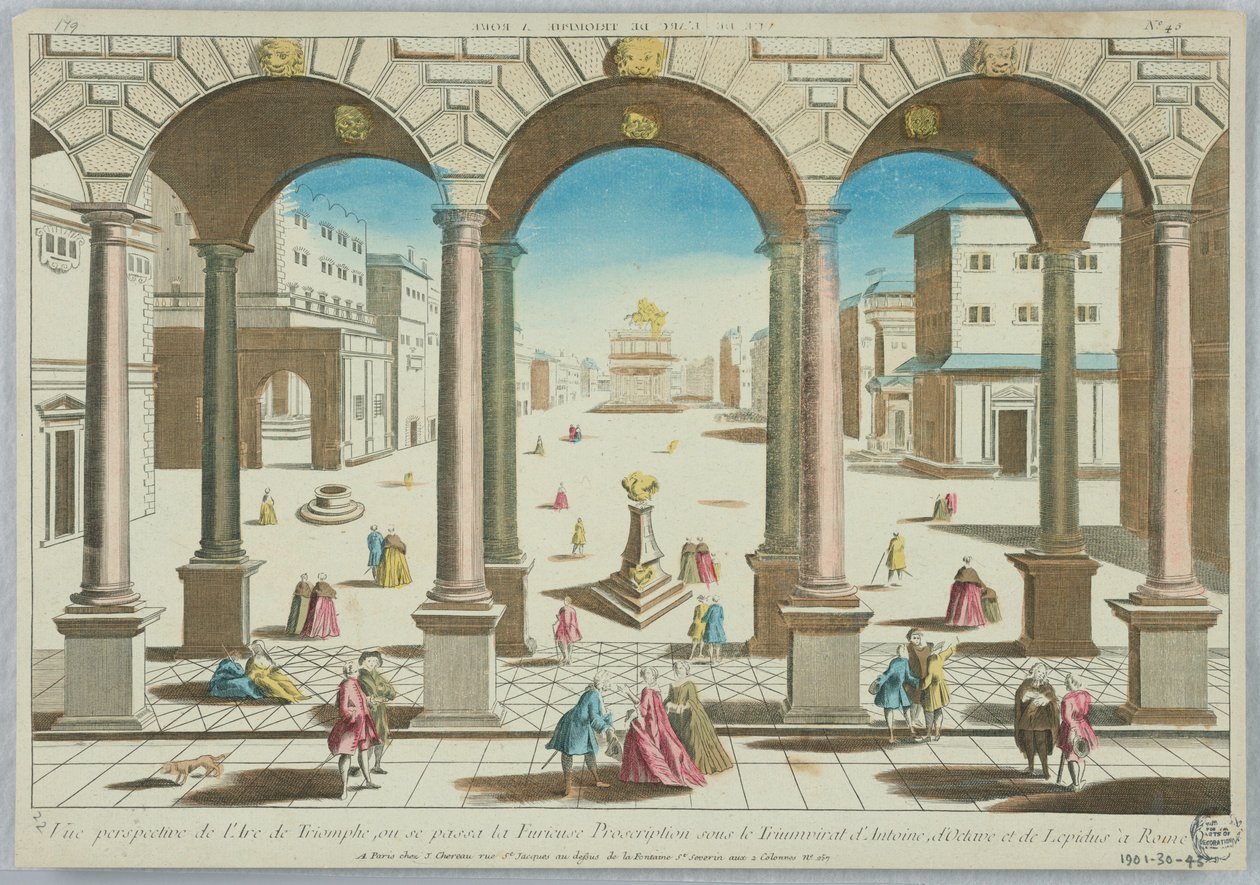 Peep-show, Perspektivní pohled na Arc de Triomphe, kde se zuřivý zákaz stal za triumvirátu Antonia, Octaviana a Lepida v Římě, č. 45 od Unknown artist