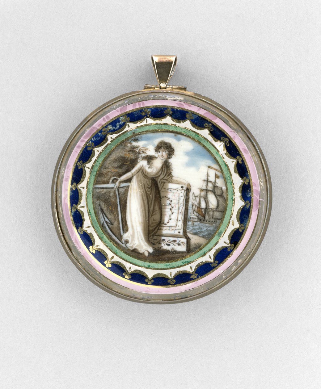 Přívěsek, cca 1780 (sépie a akvarel na slonovině, zlacené mědi, smaltu, vlasech a skle) od Unknown artist