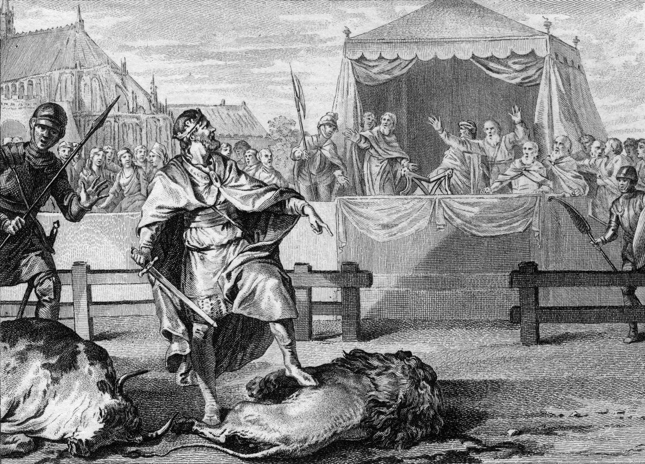 Pepin le Brief (714-768), nový král Franků, dokazuje svou odvahu bojem se lvem a býkem v aréně, 751. Rytina z 18. století. od Unknown artist