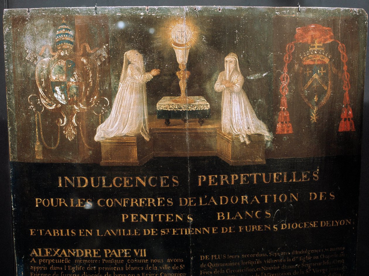 Trvalé odpustky udělené papežem Alexandrem VII členům Confrerie des Penitents Blancs města Saint Stephen kolem roku 1668. Malba na dřevě. od Unknown artist