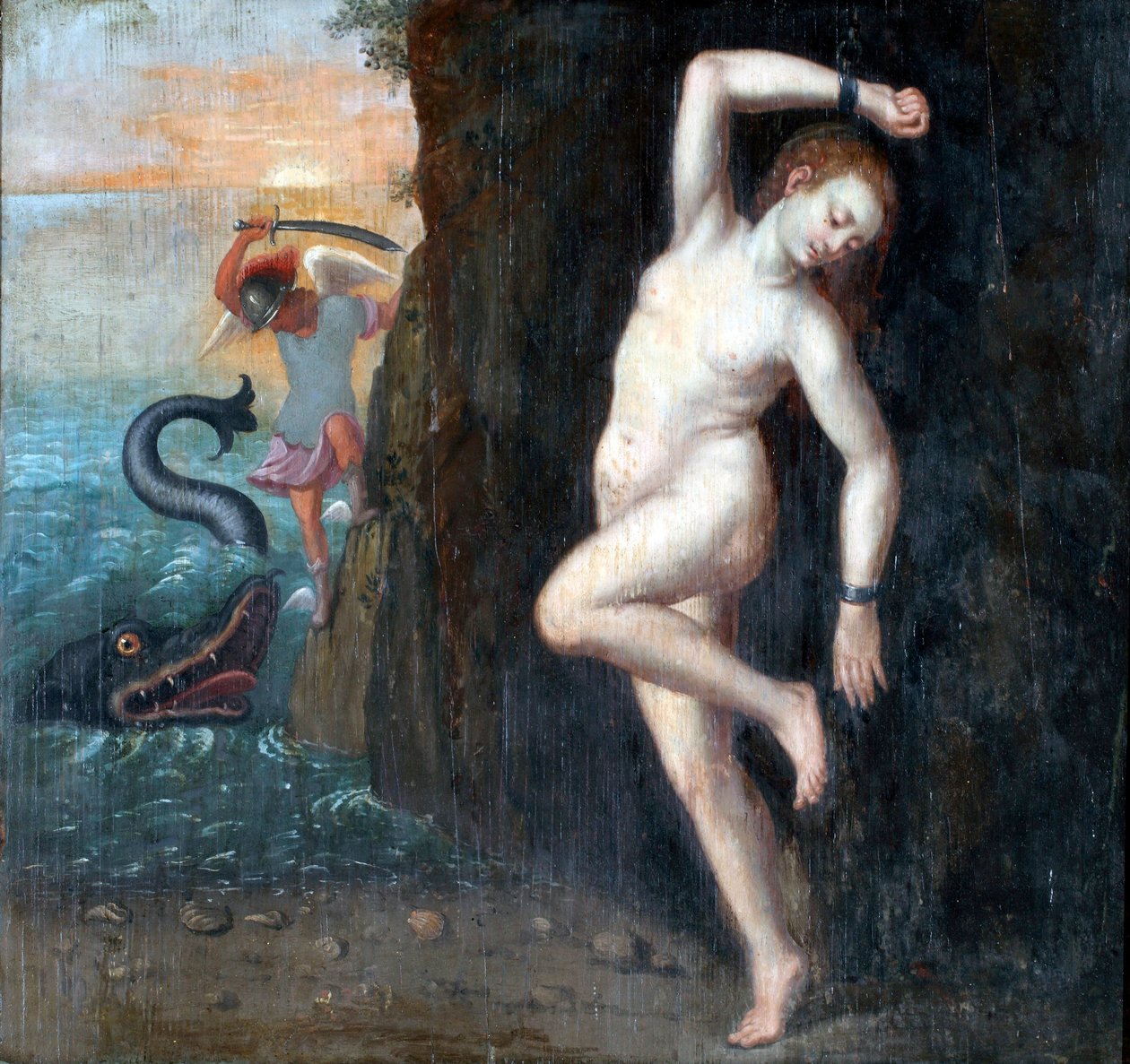 Persee et Andromede - Perseus a Andromeda par Anonymous, ca. 1600 - Olej na dřevě, 62x65,4 - Ptuj Ormo_ Regionální muzeum od Unknown artist