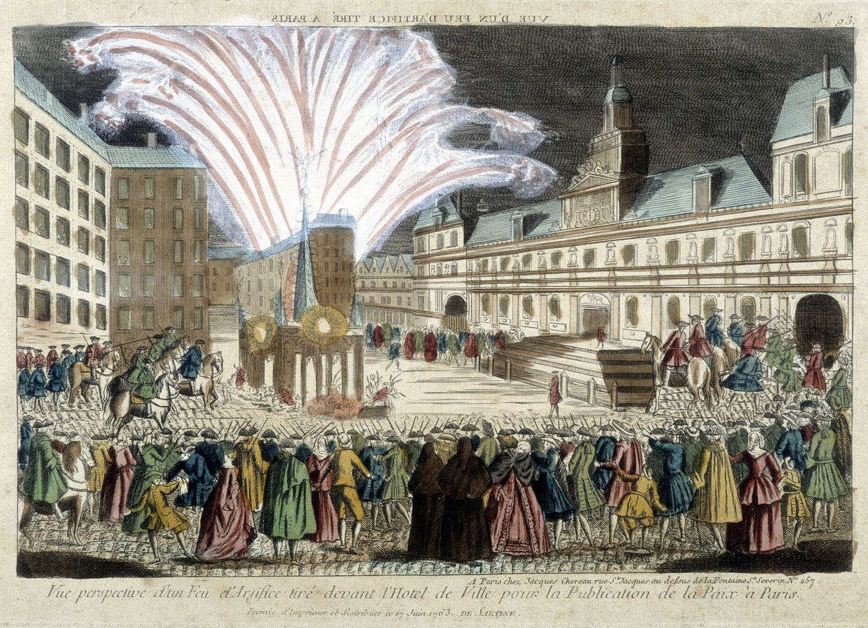Perspektivní pohled na ohňostroj před Hôtel de Ville pro zveřejnění Míru v Paříži od Unknown artist