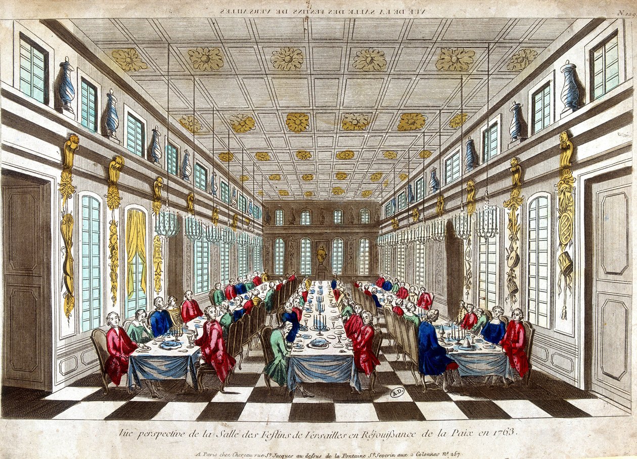 Perspektivní pohled na Salle des Festins de Versailles na oslavu míru v roce 1763 mezi Velkou Británií, Francií a Španělskem. od Unknown artist