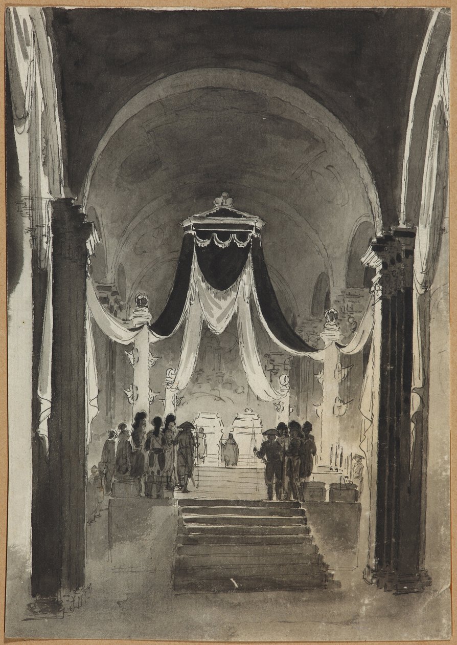 Výzdoba katedrály Petra a Pavla k pohřebnímu obřadu pro Petra III. a Kateřinu II. – Anonym. Pero, štětec, akvarel, inkoust na papíře od Unknown artist