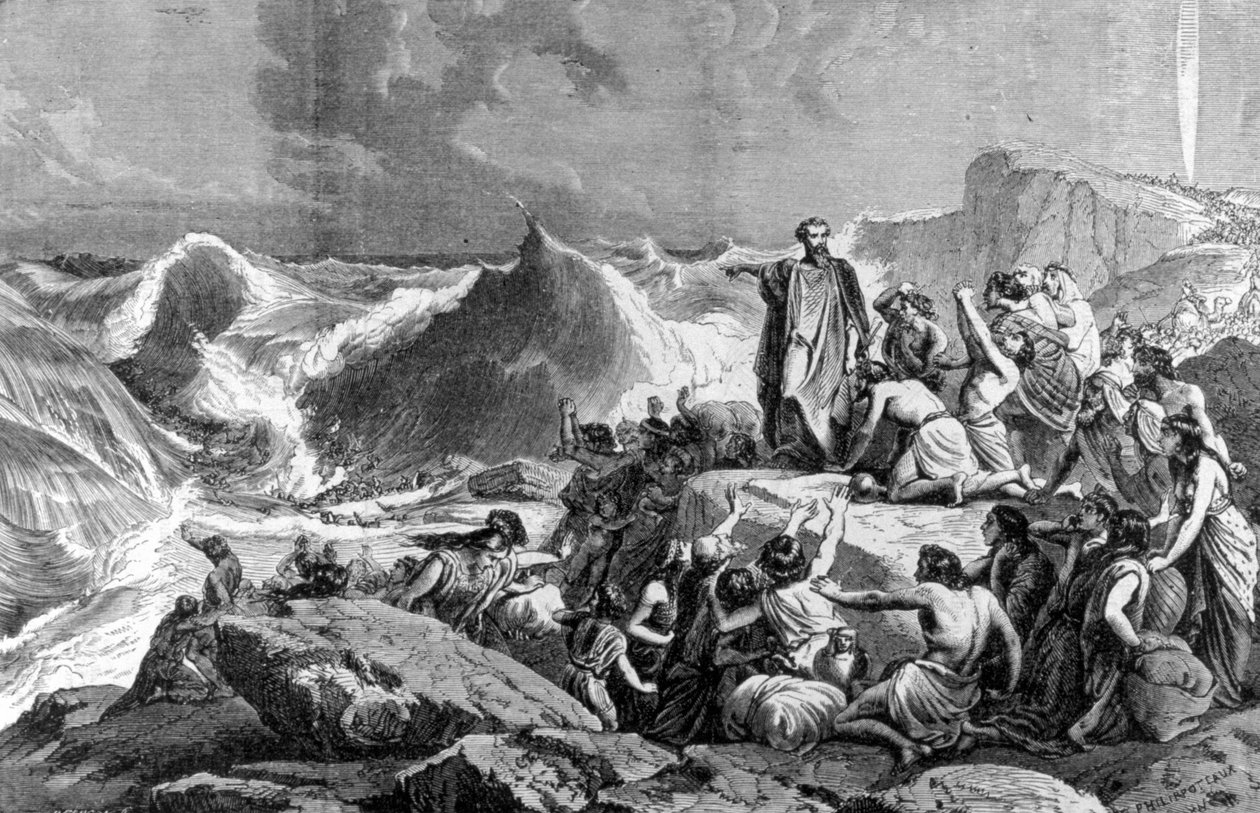 Faraon ponořený v Rudém moři. 19. století rytina. od Unknown artist