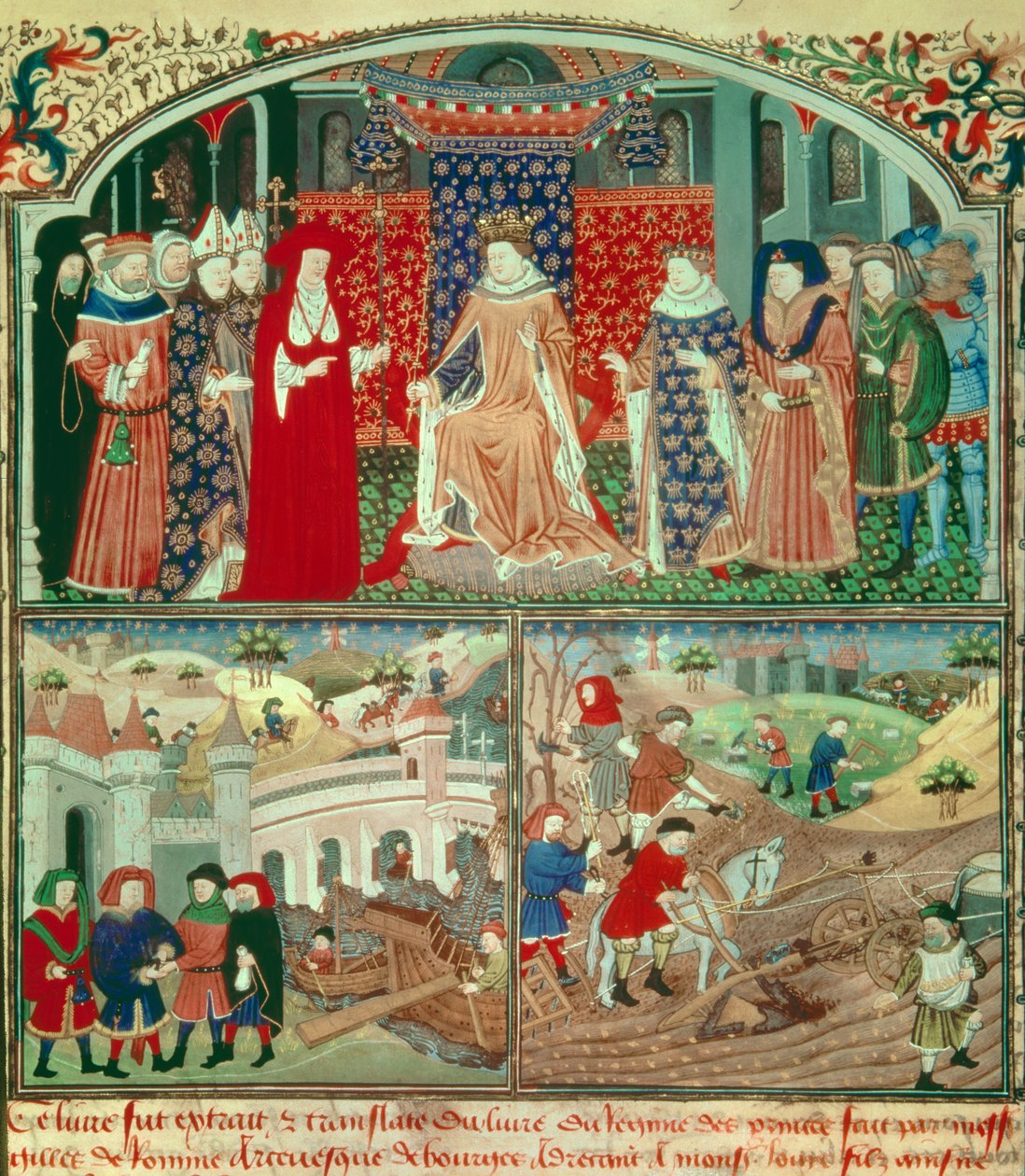 Trubač Philippe the Bel (1268-1314) s orbou a kupeckou scénou. Miniatura v „Knize režimu princů““ od Gillese de Rome (v. 1247-1316), Paříž, B N od Unknown artist