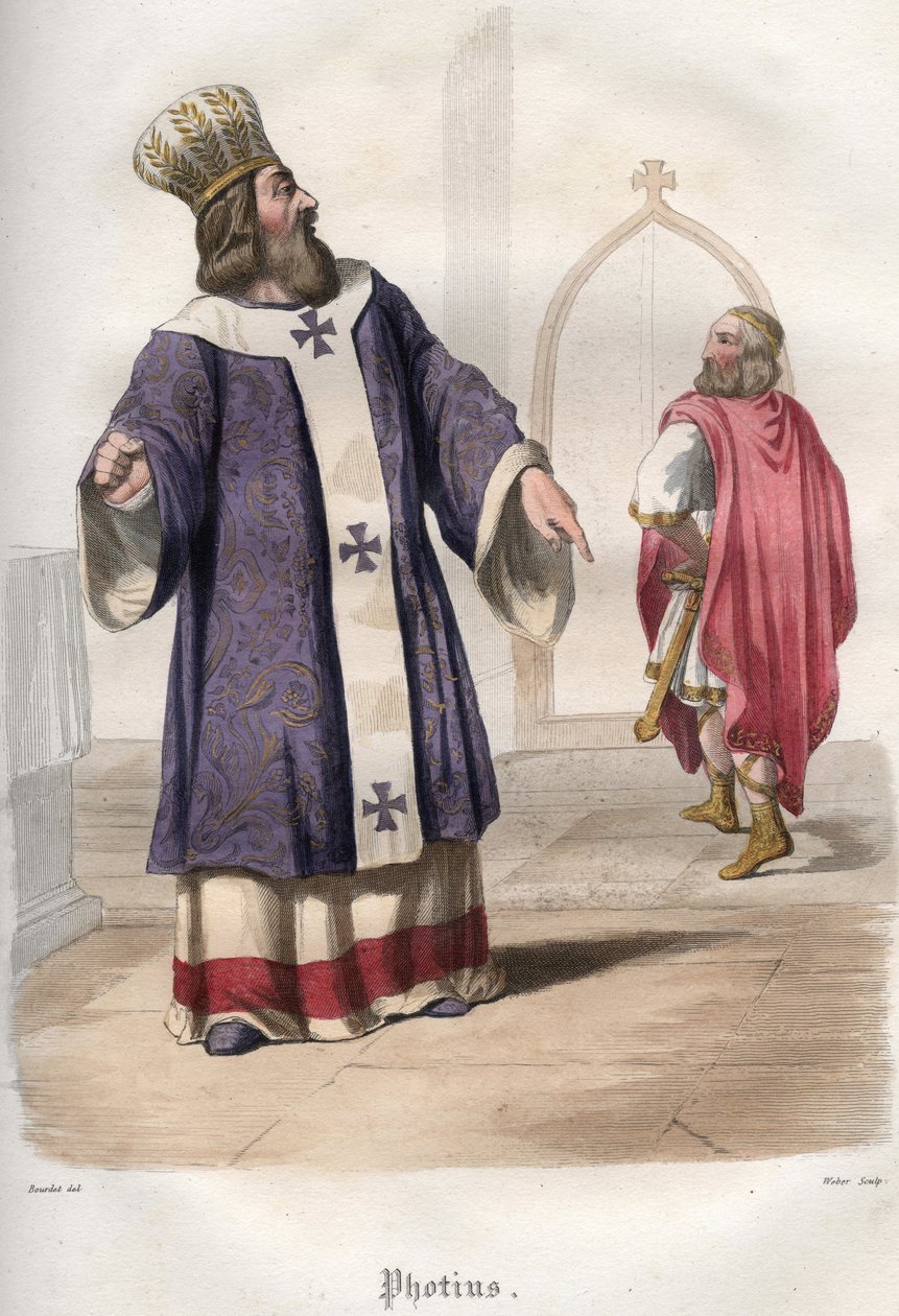 Photios I (Photius, Fotios) (810-893), patriarcha Konstantinopole, vyhánějící byzantského císaře Basila I. Makedonského (813-886) z církve po vraždě císaře Michaela III v roce 867. od Unknown artist