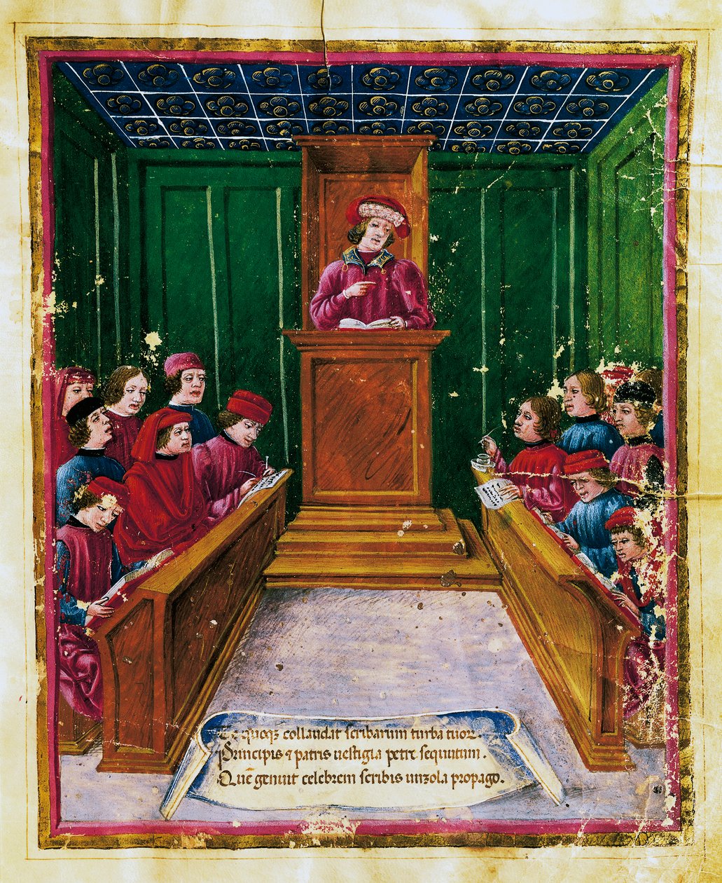 Pietro da Unzola přednáší z právního textu žákům během právní přednášky na univerzitě v Bologni, miniatura z Liber práv a výsad notářů Boloňský rukopis, Itálie od Unknown artist